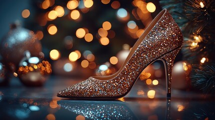 Gold glitter high heel shoe on festive background