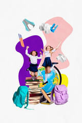 3D collage trend artwork composite sketch poster of two friends young age girl jump stack book fall...