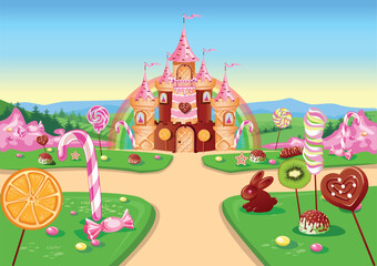 Cake castle in candy land, molasses and chocolate decoration, waffle doors, balcony and towers. Fairytale land sweet background. Vector illustration.