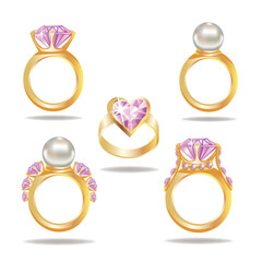 Set of gold rings with big pink diamond and pearl. Princess jewelry. Cartoon style. Vector illustration on white background.