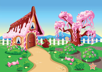 Sweet house with chocolate, waffles and cookies, decorated with sweets in candy land. Fairy tale background with gingerbread house in cartoon style vector illustration.