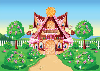 Sweet house with chocolate, waffles and cookies, decorated with sweets in candy land. Fairy tale background with gingerbread house in cartoon style vector illustration.