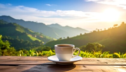 Coffee cup on wooden table with mountain view