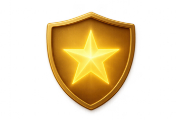 Golden shield with glowing star on transparent background