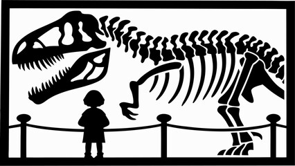 Obraz premium Silhouette of a child viewing a t rex dinosaur skeleton exhibit behind a museum rope barrier line