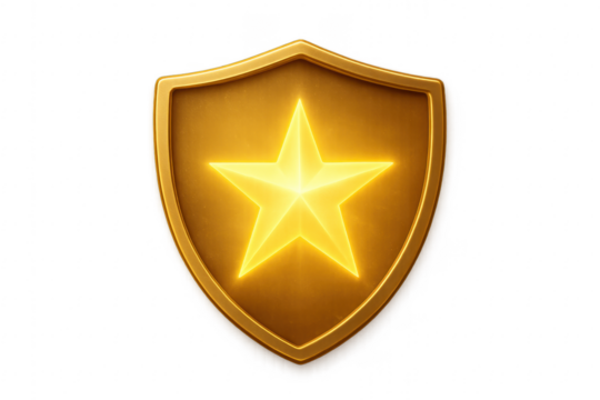 Golden shield with glowing star on transparent background