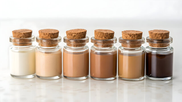 Six glass bottles with cork stoppers containing liquids of varying skin tones image