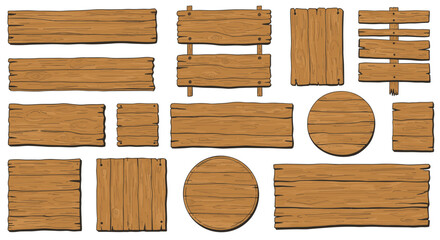 Rustic wooden plank set with hand-drawn texture in various shapes