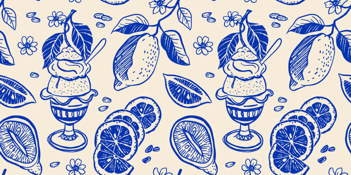 Seamless vector pattern with Italian gelato limone, lemon slices, half lemons, lemon branches with leaves and flowers in blue ink style on beige background. Summer dessert La Dolce Vita vibe.