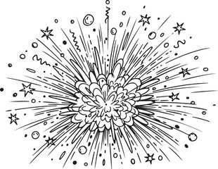 A stylized black and white illustration depicting a celebratory explosion with radiating lines and stars.