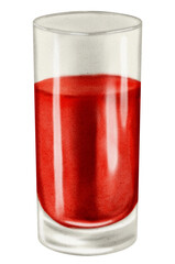 Watercolor drawing of tomato juice. Tomato juice in a glass isolated on white background. Paper box with juice, whole and sliced tomatoes. Mockup for brand packaging design, corporate identity.