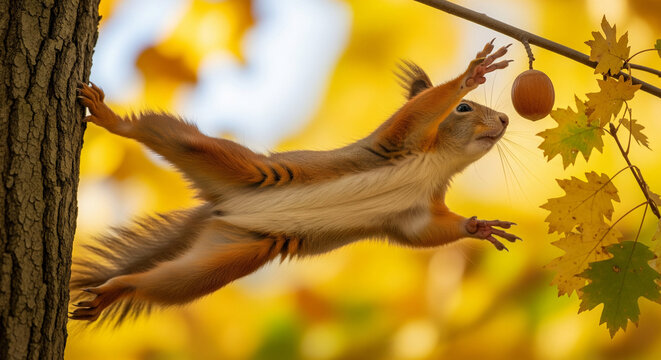 Squirrel Reaching for Acorn with Autumnal Leaves and Golden Bokeh Background