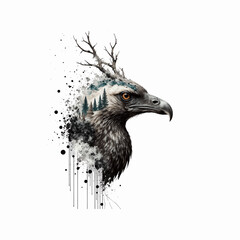 Fototapeta premium Dreamscape Aviary: A surreal artwork depicts an eagle with stag-like antlers and a forest integrated into its form, inviting viewers into a realm of imaginative exploration.