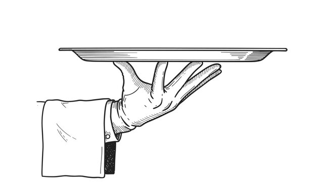 Elegant hand holding tray: retro line art for restaurants and hospitality