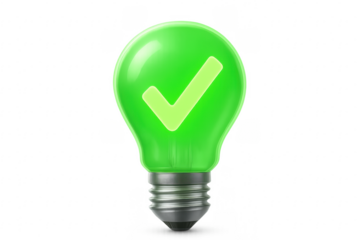 Green light bulb showing check mark on transparent background