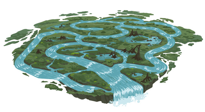 Intricate maze of rivers flowing through lush green wetland with waterfalls