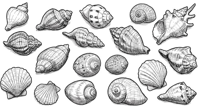 Hand-drawn seashell collection in detailed sketch style