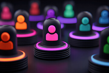 Neon-colored abstract human icons on stacked disks represent diversity and connection in a digital or networking context.