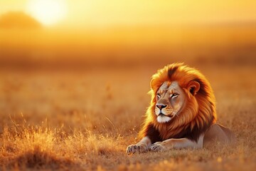 A lion laying in the middle of a grassy field at sunset