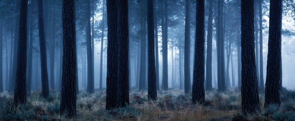 Fototapeta premium The Mysterious Forest Shrouded in Blue Mist and Serene Calmness