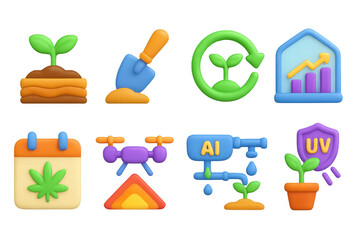 3d icons for sustainable gardening: ai solutions, growth charts, eco-friendly tools