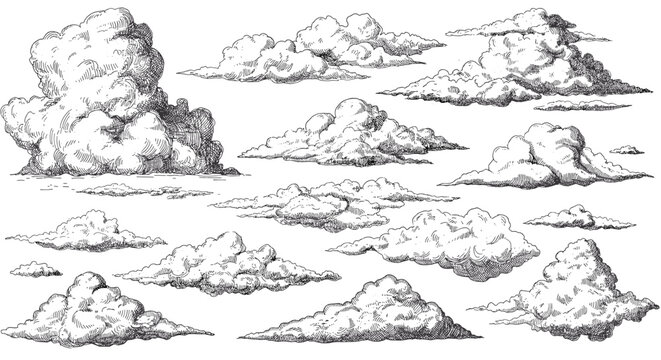 Hand drawn engraved style clouds collection for design projects and weather concepts