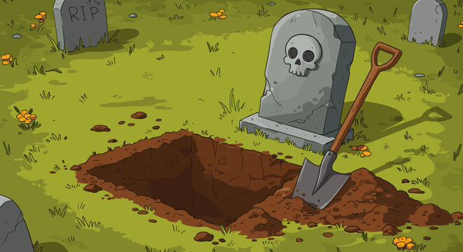 Cartoon graveyard scene with open grave and headstone in spooky setting