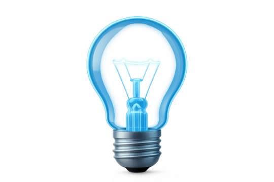 Light bulb emitting blue light on a transparent background