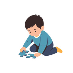 Young boy engrossed in assembling a jigsaw puzzle on the floor.