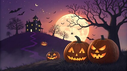 Fototapeta premium Halloween Night Scene with Jack-o'-lanterns and Haunted House