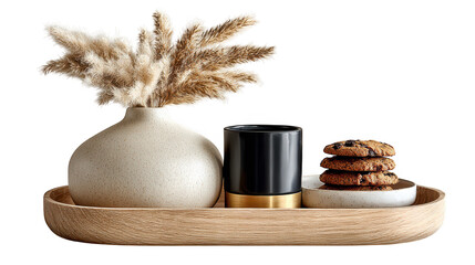 A decorative tray holds a textured vase with pampas grass, a black and gold cylinder, and a stack of cookies isolated on transparent background