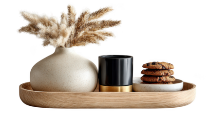 A decorative tray holds a textured vase with pampas grass, a black and gold cylinder, and a stack of cookies isolated on transparent background
