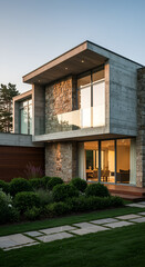 Fototapeta premium Modern house exterior with stone and concrete facade, large windows, and a well-manicured garden.