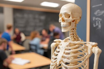 Educational anatomy lesson featuring human skeleton model in classroom setting engaging students in science concept