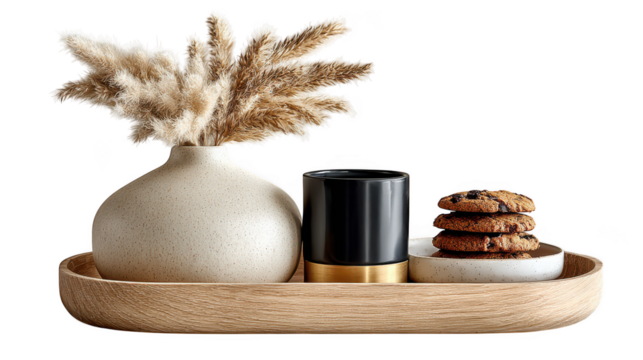 A decorative tray holds a textured vase with pampas grass, a black and gold cylinder, and a stack of cookies isolated on transparent background
