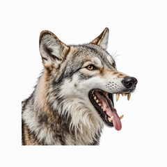 Fototapeta premium The Intensity of the Gray Wolf: A detailed portrait of a gray wolf, baring its teeth in a display of raw power and untamed spirit, set against a clear backdrop.
