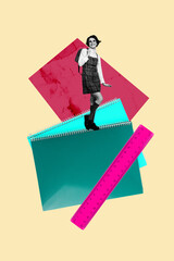 Sketch image 3d pop banner collage of happy teenager schoolgirl stand notepad ruler measure carry...