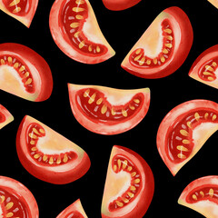 Tomato slices. Seamless watercolor pattern with fresh red tomatoes on a white background. Watercolor tomatoes. This hand-drawn botanical pattern is perfect for fabric, packaging and kitchen decor.