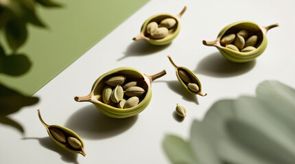Cardamom Seeds and Pods Arrangement: Aesthetically pleasing flat lay showing green cardamom pods partially opened, revealing the seeds inside