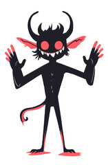 Cute satan demon monster character vector. Vector illustration doodle cartoon linocut style.