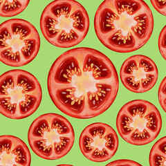 Tomato slices. Seamless watercolor pattern with fresh red tomatoes on a white background. Watercolor tomatoes. This hand-drawn botanical pattern is perfect for fabric, packaging and kitchen decor.