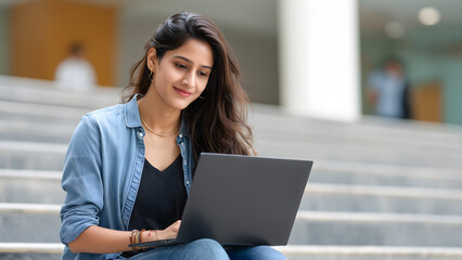 Young Indian female student studying outdoors on staircase with laptop. Academic lifestyle and technology