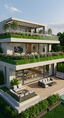 Fototapeta premium Modern, multi-level house with rooftop gardens and outdoor living spaces, showcasing contemporary design.