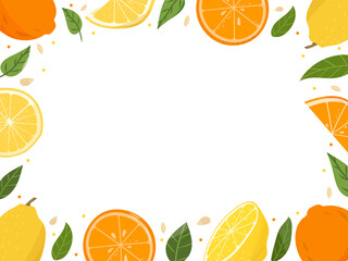 Citrus frame. Lemon and orange background. Vector. Colourful illustration. Orange and lemon, leaves and seeds. Hand drawn