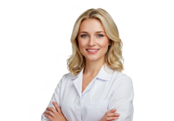 Smiling female doctor in white lab coat isolated on transparent background