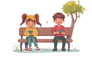 Cartoon Boy and Girl on Bench Using Tablets Under a Tree Illustration