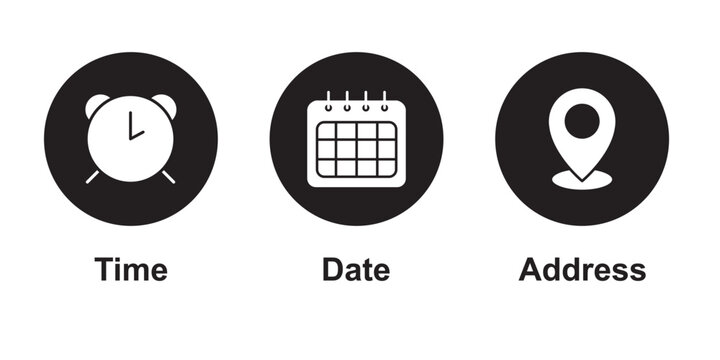 Time, date, location or place icons symbol. Time, date and address icon.  Address location pointer calendar editable vector icons set isolated on white background .  