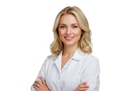 Smiling female doctor in white lab coat isolated on transparent background