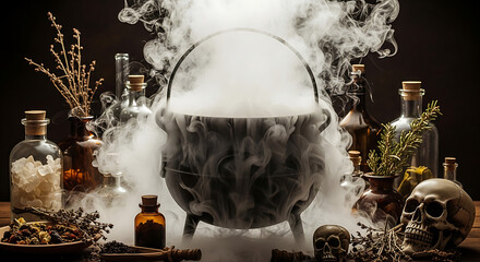 A steaming cauldron (no visible fire), with dense mist rising from within, surrounded by mysterious ingredients like dried herbs, antique bottles, and perhaps a small, decorative (not real) skull. The