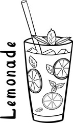 Hand drawn glass of lemonade in outline style. Glass with lemon slice and mint. Vector illustration with lettering.